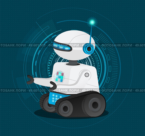 Futuristic model cyborg or robot with artificial intelligence. Dark blue background with electronic digital circles. Futuristic cyber smart electronic machine. Technologically developed android. Smart scifi robot with artificial intelligence. Scientific technological test android model. Стоковая иллюстрация, агентство Ingram Publishing / Фотобанк Лори