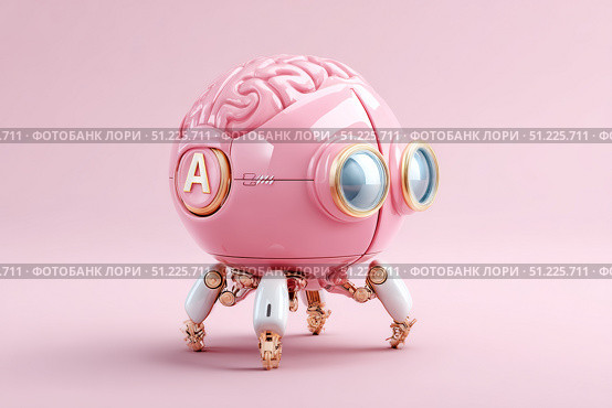Futuristic pink robot with brain design and robotic legs on a soft pink background. Стоковое AI-изображение, AI-художник Zakharova Natasha / Фотобанк Лори