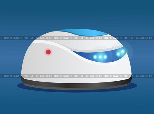 Futuristic robot cleaner with sensors lamps eyes. Artificial intelligence, innovative model of robot for cleaning. White android with internet connection, cybernetic science, electronic creature. Futuristic robot cleaner with artificial intelligence, innovative model of robot for cleaning. Стоковая иллюстрация, агентство Ingram Publishing / Фотобанк Лори