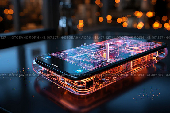 Futuristic smartphone of the future with augmented reality, microchips, microprocessors, integrated circuits, technology science background, AI Generated. Стоковое AI-изображение, AI-художник Станислав Тарко / Фотобанк Лори