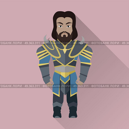Game Object of Knight. Game object of knight in steel medieval armor with crown. Character stand in front. Stylized fantasy characters. Game object in flat design on game background. Vector illustration. Стоковая иллюстрация, агентство Ingram Publishing / Фотобанк Лори
