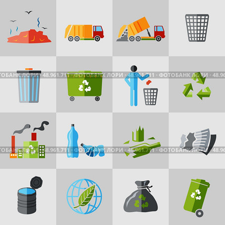 Garbage recycling icons flat set of dumpster basket waste isolated vector illustration. Стоковая иллюстрация, агентство Ingram Publishing / Фотобанк Лори