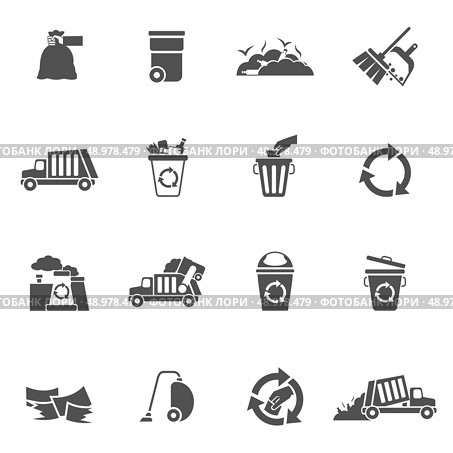 Garbage waste ecology recycling and pollution icons black set isolated vector illustration. Стоковая иллюстрация, агентство Ingram Publishing / Фотобанк Лори