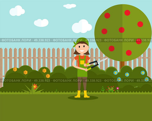 Garden Background Vector Illustration. Farmer Gardener Woman with Scissors for Shearing Bushes in Modern Flat Style EPS10. Garden Background Vector Illustration. Farmer Gardener Woman wit. Стоковая иллюстрация, агентство Ingram Publishing / Фотобанк Лори