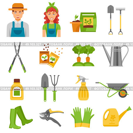 Gardener Tools Accessories Flat Icons Set . Farmers gardening tools accessories flat icons set with barrow rake and seedlings to plant abstract isolated vector illustration. Стоковая иллюстрация, агентство Ingram Publishing / Фотобанк Лори