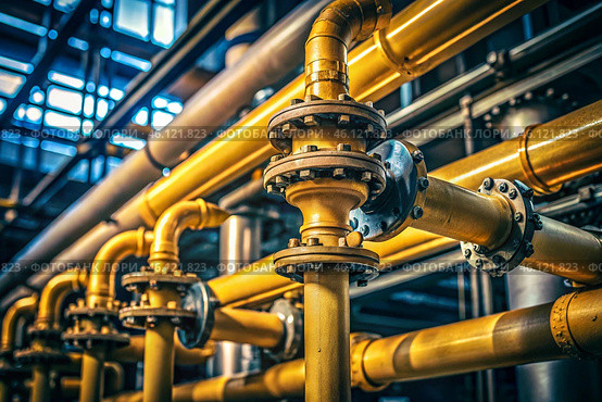 Gas industry, oil transportation system. The gas pipeline oil industry. Yellow gas pipes are power equipment. Fuel and energy equipment. Стоковое AI-изображение, AI-художник Photojuli / Фотобанк Лори