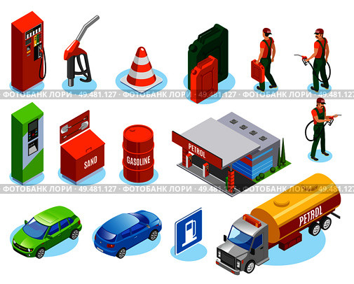 Gas stations refills isometric icons collection with fuelman characters and isolated images of cars and refuelling units vector illustration. Isometric Gas Station Icons. Стоковая иллюстрация, агентство Ingram Publishing / Фотобанк Лори