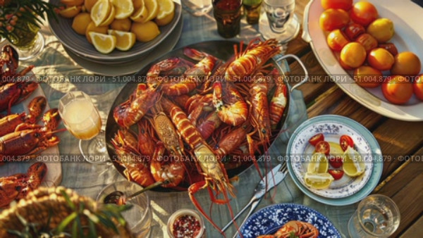 Gather around for a delightful gathering featuring fresh seafood, colorful citrus, and drinks, perfect for a sunny coastal afternoon. Стоковое AI-видео, аниматор Данила Большаков / Фотобанк Лори