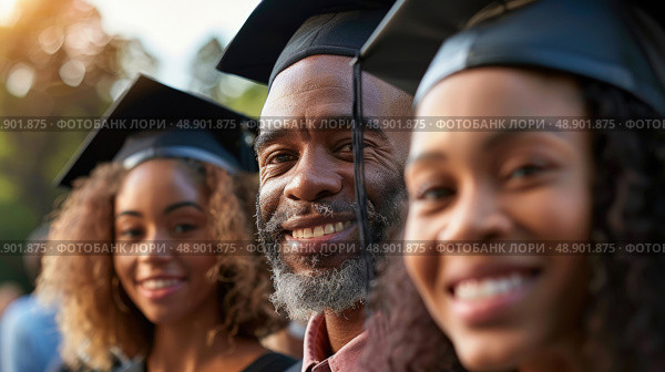 Gathering of people dressed in graduation attire, donning caps and gowns in preparation for a commencement ceremony. Стоковое AI-изображение, AI-художник Данила Большаков / Фотобанк Лори