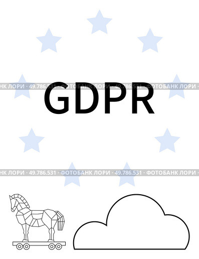 GDPR text surrounded by blue stars with a Trojan horse beside a cloud. Ideal for data security, privacy policies, regulatory compliance, law, cyber security, cloud computing, education. Line metaphor. GDPR Compliance and Data Security European Stars, Trojan Horse, Cloud Computing Elements. Стоковая иллюстрация, агентство Ingram Publishing / Фотобанк Лори