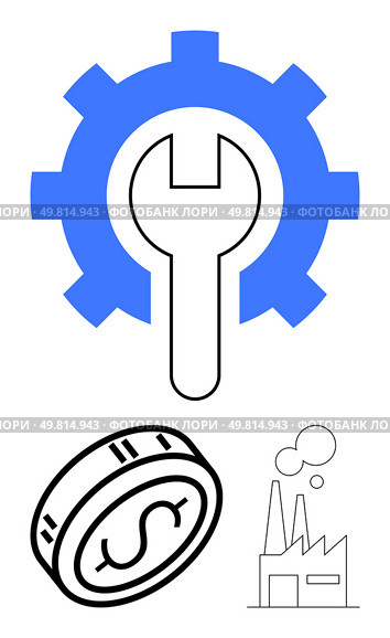 Gear and wrench symbol at center, coin with dollar sign and factory building below. Ideal for industry themes, financial analysis, economic growth, maintenance, business strategy, manufacturing. Industry and Finance Concept with Gear, Wrench, Coin, and Factory Elements. Стоковая иллюстрация, агентство Ingram Publishing / Фотобанк Лори