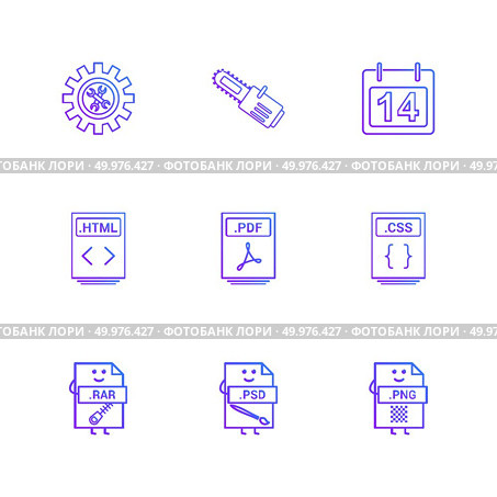 Gear , cutter , calender , html file , pdf file , css file , compressed file rar , psd , photoshop , png file , 9icon, vector, design,  flat,  collection, style, creative,  icons. Стоковая иллюстрация, агентство Ingram Publishing / Фотобанк Лори