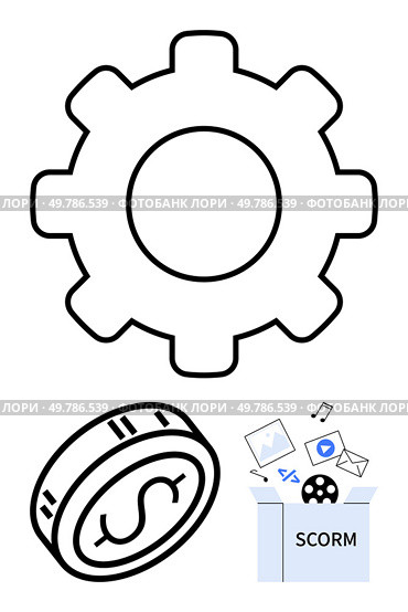 Gear icon, coin with dollar sign, and SCORM box containing multimedia icons such as email, music, and video. Ideal for system integration, monetization, e-learning, content management digital. Gear, coin with dollar sign, and SCORM box with multimedia icons representing system integration and monetization. Стоковая иллюстрация, агентство Ingram Publishing / Фотобанк Лори