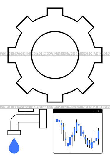Gear symbolizing industrial mechanisms beside water tap with blue drop and fluctuating financial graph. Ideal for engineering, maintenance, water management, finance, industrial processes. Gear representing mechanisms with water tap and drop next to fluctuating financial graph. Стоковая иллюстрация, агентство Ingram Publishing / Фотобанк Лори
