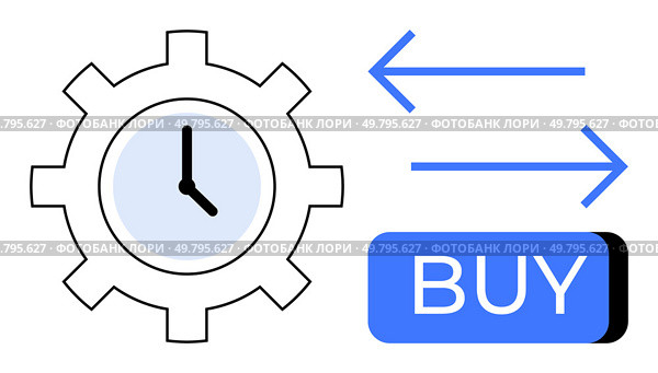 Gear with clock inside beside blue buy button with left and right pointing arrows. Ideal for business strategies, time management, e-commerce, decisions, productivity, automation, workflows. Line. Gear Clock and Buy Button with Opposite Arrows Symbolizing Time Management and Transaction Decisions. Стоковая иллюстрация, агентство Ingram Publishing / Фотобанк Лори