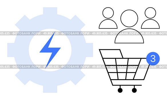 Gear with lightning bolt, three user icons, and a shopping cart with a 3 notification. Ideal for e-commerce, customer engagement, sales, online shopping, notifications, business automation. Gear with Lightning Bolt and Shopping Cart with User Icons Symbolizing E-commerce and Customer Engagement. Стоковая иллюстрация, агентство Ingram Publishing / Фотобанк Лори