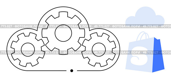 Gears integrated within a cloud symbol, alongside a blue shopping bag and a cloud icon. Ideal for e-commerce, cloud computing, technology integration, online shopping, and digital solutions. Cloud Technology Integration with E-commerce Gears and Shopping Bag with Cloud Icon. Стоковая иллюстрация, агентство Ingram Publishing / Фотобанк Лори