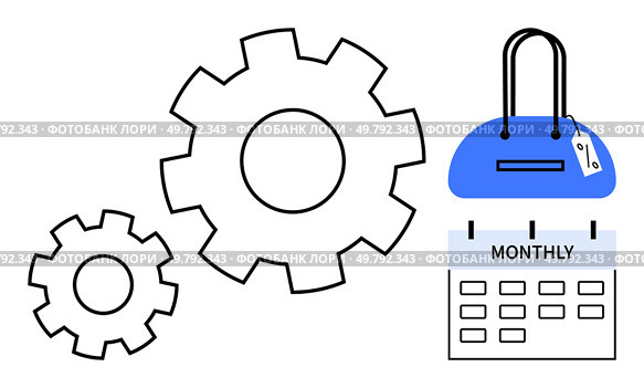 Gears symbolize process, bag with a price tag suggests shopping, and monthly calendar implies planning. Ideal for business, finance, retail, shopping, scheduling, process improvement and economics. Business and Finance Concept with Gears, Shopping Bag, and Monthly Calendar. Стоковая иллюстрация, агентство Ingram Publishing / Фотобанк Лори