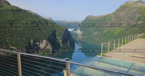Geiranger fjord observation deck, view on waterfall Seven Sisters. Beautiful Nature Norway natural landscape. Стоковое видео, видеограф Андрей Армягов / Фотобанк Лори