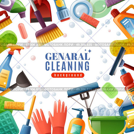 General Cleaning Frame. General cleaning frame with dishware brushes wipes mops soaps chemical detergents on white textured background vector illustration. Стоковая иллюстрация, агентство Ingram Publishing / Фотобанк Лори