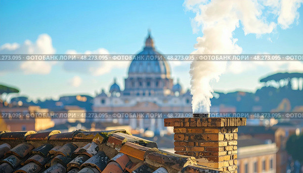 Generated imageWhite smoke rises from the Sistine Chapel chimney in Vatican City after papal election. Стоковое AI-изображение, AI-художник Ольга Сухарева / Фотобанк Лори