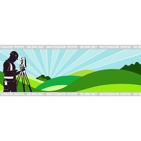 Geodesist engineer with geodetic instrument in the fields banner. Стоковая иллюстрация, иллюстратор Евгений Воронин / Фотобанк Лори