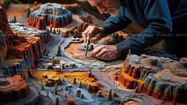 Geographer exploring the terrain on the model. Стоковое AI-изображение, AI-художник Кирилл Черезов / Фотобанк Лори