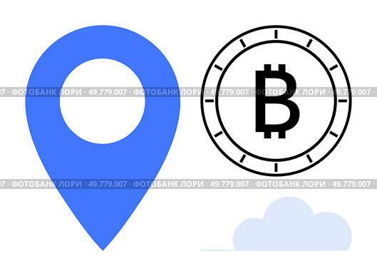 Geolocation marker, Bitcoin symbol inside a coin outline, and a small cloud in blue and black. Ideal for fintech, blockchain, cryptocurrency, digital navigation, cloud computing, tech presentations. Geolocation Marker, Bitcoin Symbol, and Cloud Element for Digital and Financial Themes. Стоковая иллюстрация, агентство Ingram Publishing / Фотобанк Лори