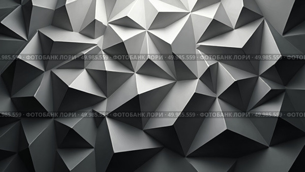 Geometric abstract pattern of interlocking polygons in shades of gray with threedimensional faceted appearance and minimalist aesthetic. Стоковое AI-изображение, AI-художник Андрей Бакусов / Фотобанк Лори