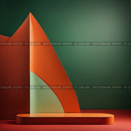 Geometric autumn podium with orange and green abstract shapes. Стоковое AI-изображение, AI-художник Лариса Пономарева / Фотобанк Лори