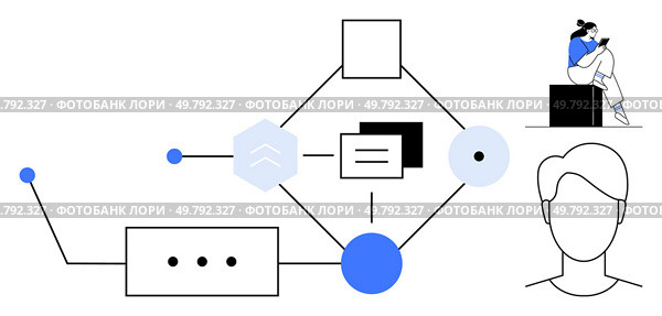 Geometric shapes connected by lines and dots, a human head outline, a seated person with a book. Ideal for process visualization, workflow diagrams, educational tools, tech presentations, network. Abstract flowchart with human elements connected by lines and geometric shapes indicating process flow. Стоковая иллюстрация, агентство Ingram Publishing / Фотобанк Лори