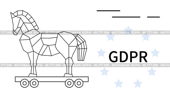 Geometric Trojan horse on wheels next to the text GDPR with stars around. Ideal for internet security, data protection, privacy, GDPR compliance, and tech regulation themes. Simple line art style. GDPR and Cybersecurity Trojan Horse Concept with Geometric Design. Стоковая иллюстрация, агентство Ingram Publishing / Фотобанк Лори