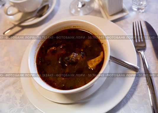 Georgian spicy soup kharcho with mutton, rice, vegetables. Стоковое фото, фотограф Яков Филимонов / Фотобанк Лори