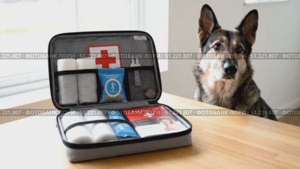 German shepherd closely examining pet first aid kit, positioned on wooden surface, emphasizing urgent medical readiness for dog health protection. Стоковое AI-видео, аниматор Юрий Поздников / Фотобанк Лори