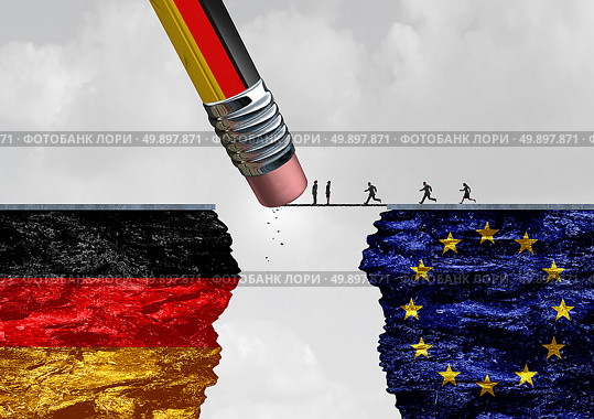 Germany border immigration control as a European refugee crisis as people in Europe running to cross a bridge that is being erased by a German flag pencil with 3D illustration elements. Стоковое фото, агентство Ingram Publishing / Фотобанк Лори