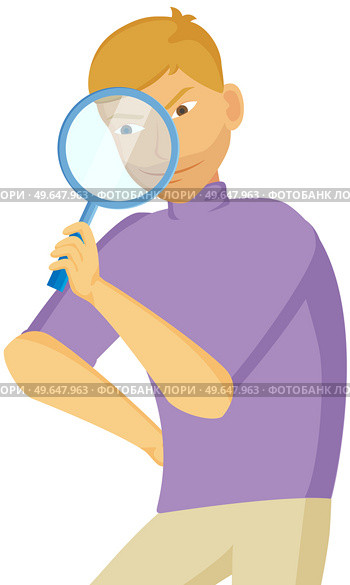 Gesture that boys see magnifying glass. Cunning guy holding loupe, planned something amiss. Young man standing holding magnifier, looking for something and watching isolated on white background. Gesture that boys see magnifying glass. Cunning guy holding loupe, planned something amiss. Стоковая иллюстрация, агентство Ingram Publishing / Фотобанк Лори