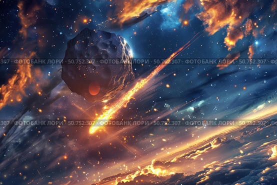 Giant asteroid entering atmosphere burning up creating fire trail and debris. Стоковое AI-изображение, AI-художник Иван Рябоконь / Фотобанк Лори