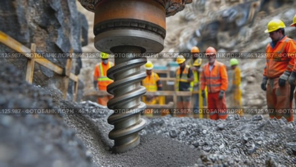 Giant drill digging deep into earth with construction workers supervising. Стоковое AI-видео, аниматор Юрий Поздников / Фотобанк Лори