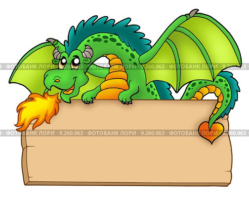 Giant green dragon holding board. Стоковая иллюстрация, иллюстратор Klara Viskova / PantherMedia / Фотобанк Лори