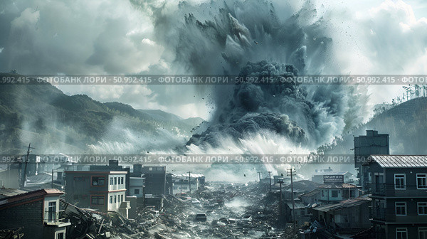 Giant wave and city destruction during a tsunami, illustrating the power of natural disasters. Concept: Aftermath of natural disasters. For educational resources and environmental reports. Стоковое AI-изображение, AI-художник Лариса Пономарева / Фотобанк Лори