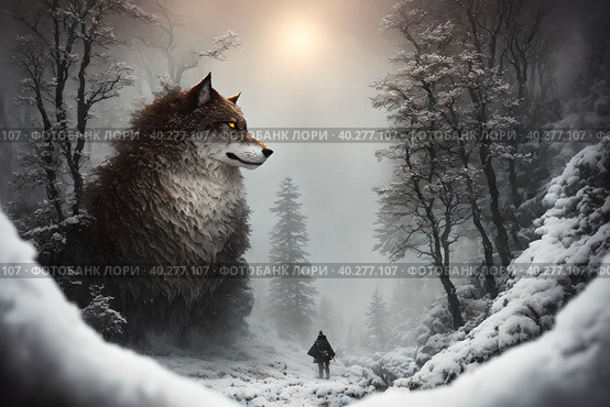 Giant wolf, warg Fenrir, looking at you trough snow covered trees in the northern forest at twilight. AI generative. Стоковое AI-изображение, AI-художник Сергей Старуш / Фотобанк Лори