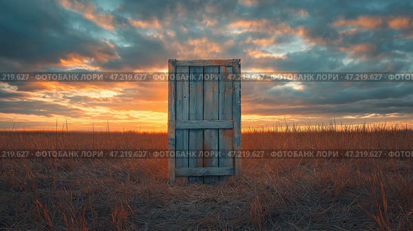 Giant wooden pallet door stands alone in a vast, open field at sunset with dramatic clouds overhead. Гигантская дверь из деревянных паллет установлена посреди обширного поля во время заката. Небо наполнено яркими красками и драматическими облаками, создающими потустороннюю атмосферу. Стоковое AI-изображение, AI-художник Katsiaryna Repich / Фотобанк Лори