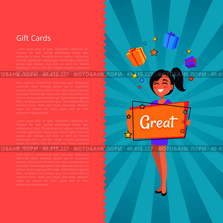 Gift card with smiling girl dreaming about boxes with presents holding billboard in hand with text great. Vector illustration woman and sale banner. Gift Card with Smiling Girl Dreaming about Boxes. Стоковая иллюстрация, агентство Ingram Publishing / Фотобанк Лори