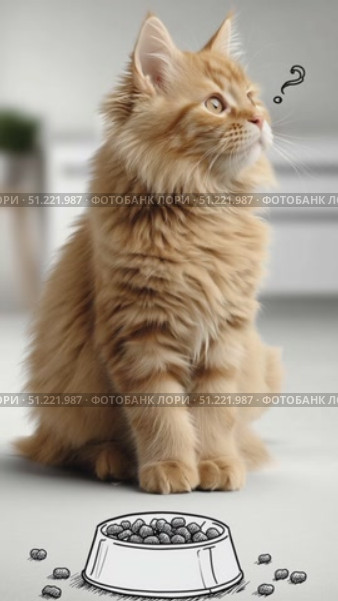 Ginger kitten sitting near empty food bowl, wearing confused look with hungry eyes against clean white background. Стоковое AI-видео, аниматор Юрий Поздников / Фотобанк Лори
