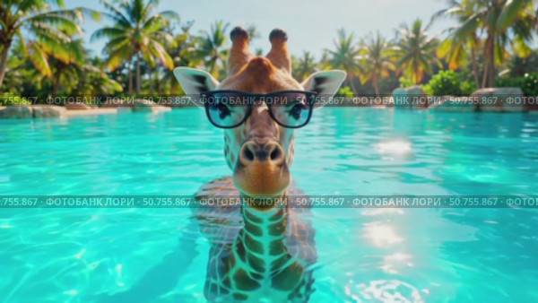 Giraffe bathing in the pool. Стоковое AI-видео, аниматор Виктория Кольцова / Фотобанк Лори