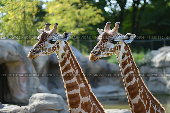 Giraffes Standing Together in a Sunny Autumn Setting at the Zoo. Стоковое AI-изображение, AI-художник Юлия Гапеенко / Фотобанк Лори