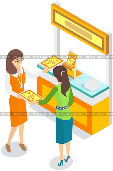 Girl distributes leaflets, flyers near presentation stand. Leafleting, advertising campaign. Promoter, distributor advertises. Female promoter is giving leaflet flier with advertisement to woman. Girl distributes leaflets, flyers near presentation stand. Promoter, distributor advertises. Стоковая иллюстрация, агентство Ingram Publishing / Фотобанк Лори