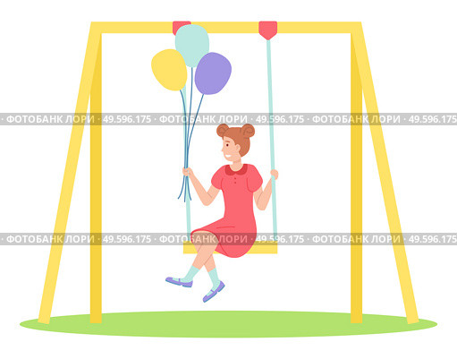 Girl holding bunch of balloons swinging on a slide swing at the playing field. Happy cartoon kid playing in playground on the backyard. Childrens summer playground . Kids summer outdoor activities. Girl holding bunch of balloons swinging on a slide swing at the playing field. Happy cartoon kid. Стоковая иллюстрация, агентство Ingram Publishing / Фотобанк Лори