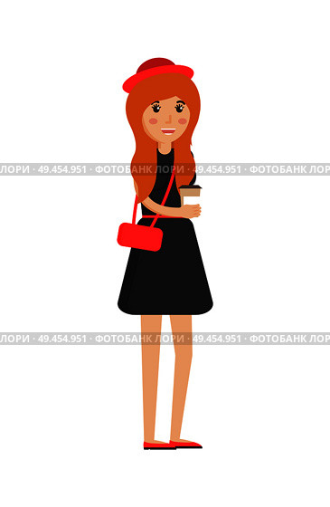Girl holding plastic cup with hot coffee, female wearing black dress, modest lady hold bag and hat, vector illustration isolated on white background. Girl Holding Plastic Cup, Vector Illustration. Стоковая иллюстрация, агентство Ingram Publishing / Фотобанк Лори