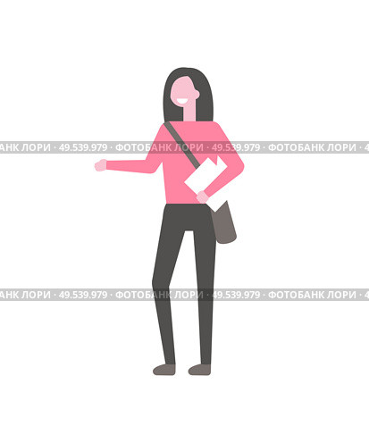 Girl in pink sweater, with bag over shoulder and book in hands vector isolated cartoon student. Female college learner in black trousers, full length portrait. Girl in Pink Sweater, Bag Over Shoulder and Book. Стоковая иллюстрация, агентство Ingram Publishing / Фотобанк Лори